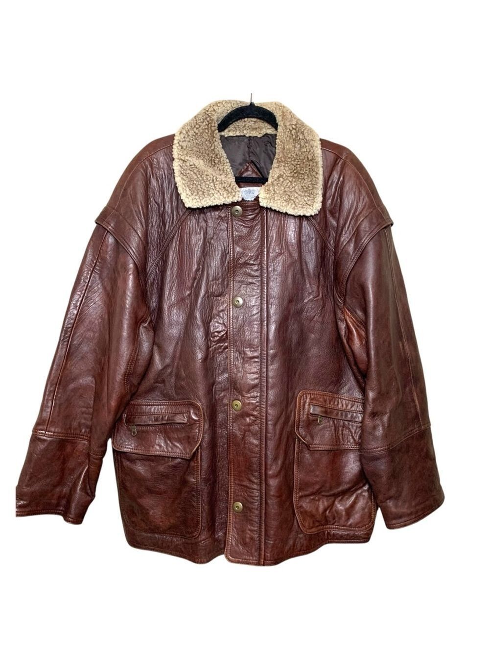 Aquascutum London Vintage Brown Leather Coat Sz 44 XL Oversize Aviator Collar